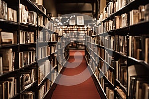 Book Shop. Library with books. Books in a bookstore. Book shelves. Selective focus. AI generated