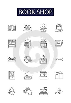 Book shop line vector icons and signs. Books, Volume, Novels, Story, Library, Retail, Shelf, Reading outline vector