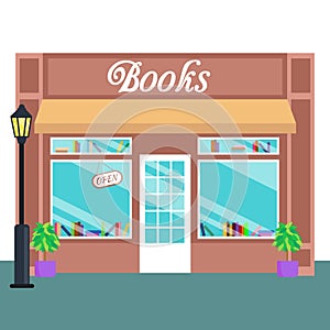 Book shop and store, building front flat style. Vector illustration