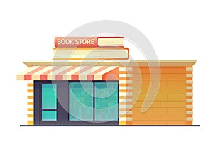 Book shop store building isolated on white background. Shop building with a glass-glazed storefront. Vector flat style