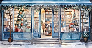 Book shop window with Christmas decoration. Watercolor illustration in retro style