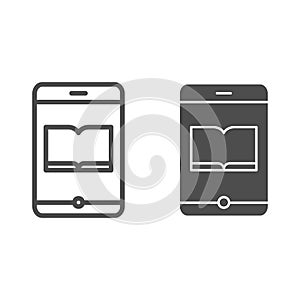 Book on smartphone line and glyph icon. Electronic book vector illustration isolated on white. Ebook on mobile outline