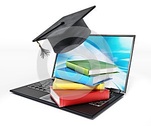 Book stack and graduation cap on laptop computer isolated on white background. 3D illustration