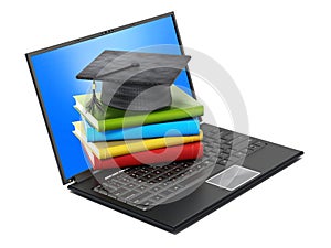 Book stack and graduation cap on laptop computer isolated on white background. 3D illustration