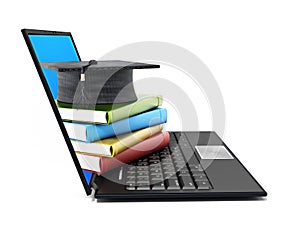 Book stack and graduation cap on laptop computer isolated on white background. 3D illustration