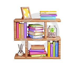 Book stack with hard cover standing and laying, and green flower in pot on wooden shelf.