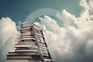 Book stack with ladder on sky with clouds background. Ladder going on top of huge stack of books. Generative AI.