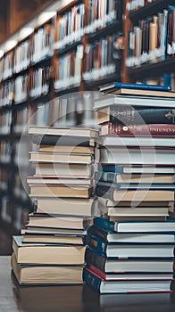 Book stack on table, blurred shelves suggest cozy study with soft light