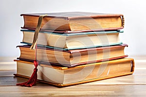 Book stack on white background with bookmarks in classic, vintage style