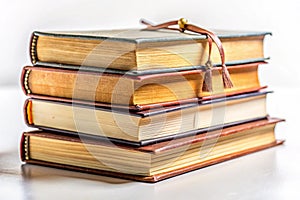Book stack on white background with bookmarks in classic, vintage style