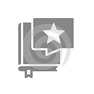 Book with star in chat bubble gray icon. Good literature, best choise symbol.