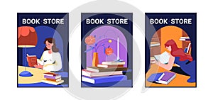 Book store banners with reading young woman and books stack