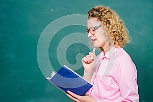 Book store concept. busy working. happy student in glasses at blackboard. new school year. Girl prepare for exams