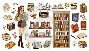 Book store elements. Cute bibliophile girl with book in hands, student reads, brain workout, literary works, stack of photo