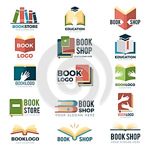 Book symbols. Reading club identity stylized pictures publishing logotype magazines and reading books vector pictures