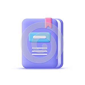 Book, Textbook with bookmark. 3d vector icon.