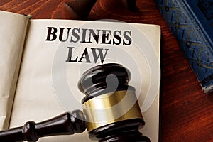 Book with title business law on a table.