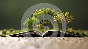 Book and tree. Abstract green trees and ground in book.