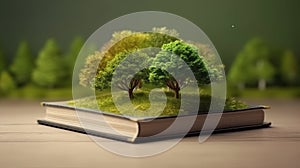 Book and tree. Abstract green trees and ground in book.