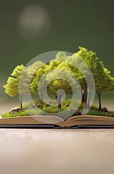 Book and tree. Abstract green trees and ground in book.