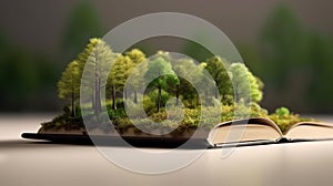 Book and tree. Abstract green trees and ground in book.