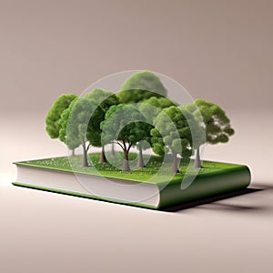 Book and tree. Abstract green trees and ground in book.