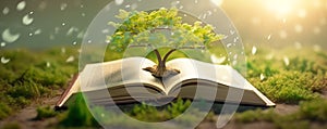 Book tree a book image with a green tree growing from concept: open Learning concept: education and environment, Generative AI
