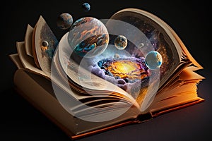 Book of the Universe - an open magic book with planets and galaxies. AI generative