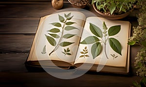 Book with vintage drawings of plants on old stained paper on a wooden table.