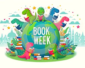 Book Week poster with dinosaurs reading books
