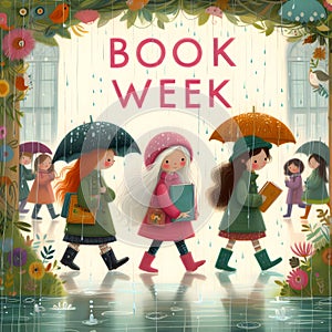 Book Week poster with girls walking to the library in the rain