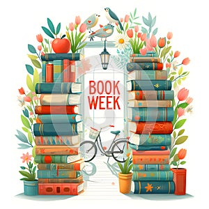 BOOK WEEK poster with spring flowers and birds