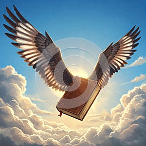 A book with wings flies among the clouds.