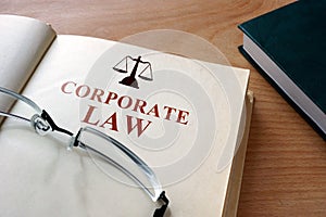 Book with words corporate law.