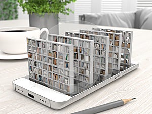 Bookcase with books on a smartphone screen on a desktop. Electronic library in a mobile phone. Distance education and self-study.