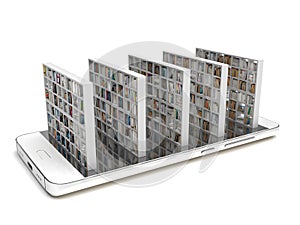 Bookcase with books on a smartphone screen isolated on a white background. Electronic library in a mobile phone. Distance