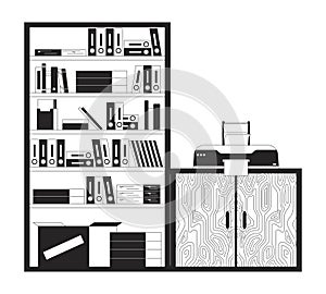 Bookcase and cabinet with printer black and white 2D line cartoon object