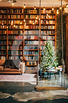 Bookcase with christmas tree lights sofa carpet swing