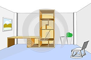 Bookcase and desk 3d in empty room vector illustration