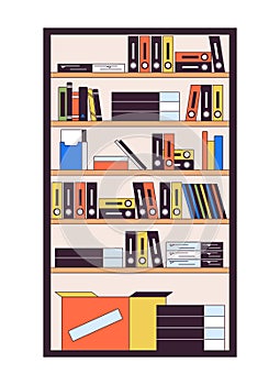 Bookcase filled with folders and boxes 2D linear cartoon object