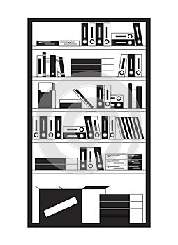Bookcase filled with folders and boxes 2D linear cartoon object