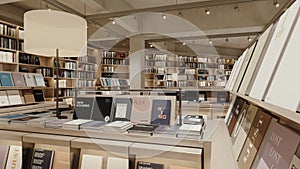 Bookcase full of books in contemporary, cozy interior book store. Wooden shelves, modern design library, reading room