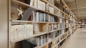 Bookcase full of books in contemporary, cozy interior book store. Wooden shelves, modern design library, reading room