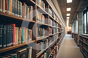 Bookcase library with rows of books