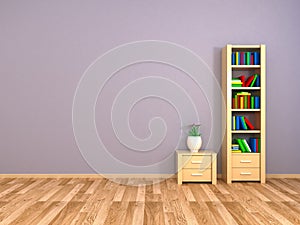 Bookcase and nightstand at the wall
