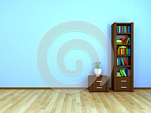 Bookcase and nightstand at the wall