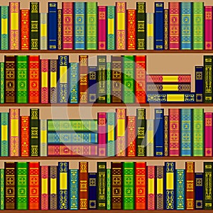 Bookcase with rows and stacks of books on shelves. Seamless repeating pattern