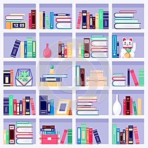 Bookcase wth colorful books and home decor on bookshelves, vector flat illustration. House interior background