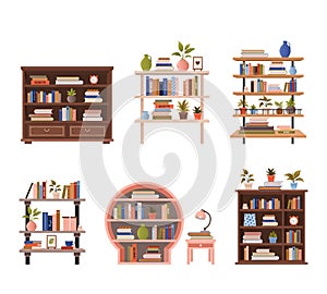 Bookcases, book cabinets, shelves with stacks of educational books.