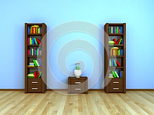 Bookcases and nightstand at the wall